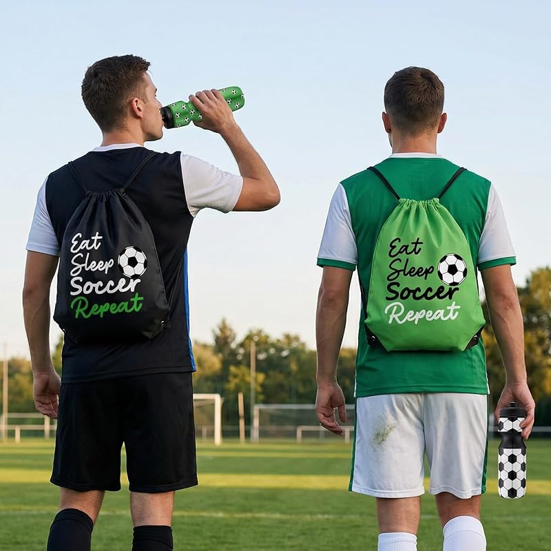12 Soccer Water Bottles & 12 Drawstring Bags Set - 24 oz Sports Bottle with 13x17 in Bag - Leaks-Proof, Ideal for Soccer Events