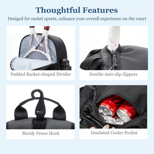LANBX Tennis Bag, Tennis Backpack for Women Men 2 Rackets with Insulated Pocket Shoe Compartemnt for Pickleball Tennis Badminton (Black)
