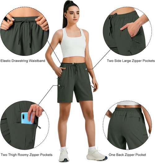 Hugut Women's Lightweight Hiking Cargo Shorts - Quick Dry, Water Resistant with Zipper Pockets | Perfect for Travel & Golf
