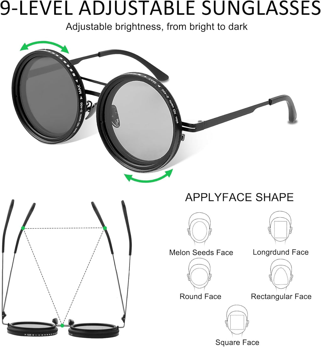 Skiennix Adjustable Tint Sunglasses - Polarized Round Glasses with Manual Tint Control & ND Filter