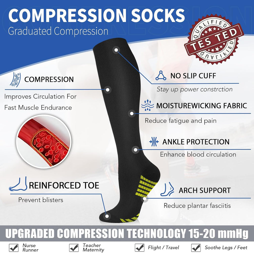 Sooverki Copper Compression Socks - 8 Pack Knee High Support Stockings for Men & Women | 15-20mmHg