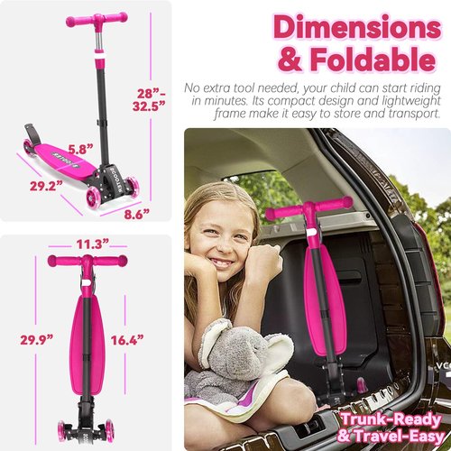 3 Wheel Scooter for Kids Age 3-12, Kid Scooters with Extra-Wide Deck, Lean to Steer Height Adjustable Handlebar, Light Up Wheels, Stable Smooth Riding Child Kick Scooter Hold 165 lbs, Girl Gift