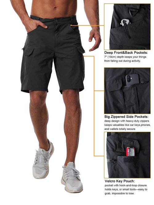 AUTIWITUA Men's Hiking Cargo Shorts Quick Dry 9" Lightweight Tactical Work Shorts with Pockets(No Belt) Solid Black