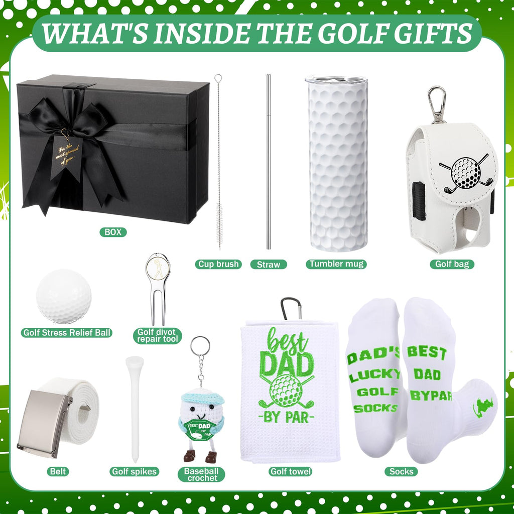 Patelai White Golf Gifts for Men Funny Golfing Accessories Gifts Set for Golfer Lovers Includes Golf Balls Tumbler Portable Bag Tees Metal Divot Repair Tool Towel Sash Socks Father Day Favor