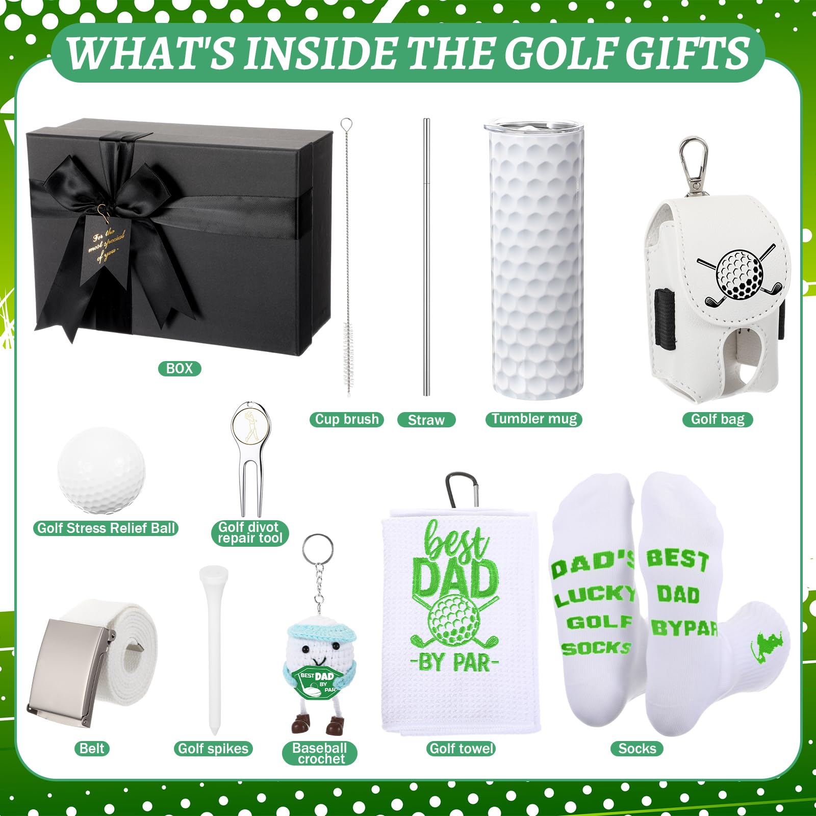 Patelai White Golf Gifts for Men Funny Golfing Accessories Gifts Set for Golfer Lovers Includes Golf Balls Tumbler Portable Bag Tees Metal Divot Repair Tool Towel Sash Socks Father Day Favor