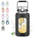 WINSA 84oz Glass Water Bottle with Stainless Steel Handle,2.5L Gallon Water Bottle with 2-IN-1 Straw Lid, Silicone Sleeve and Motivational Capacity Marker, Wide Mouth Water Jug For Gym, Workout, Black