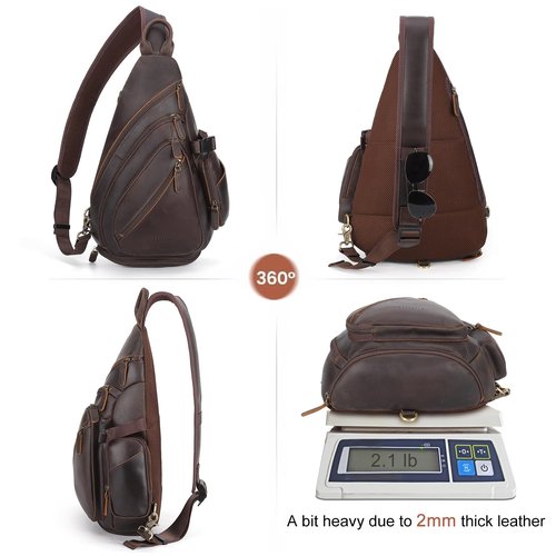 TIDING Full Grain Leather Sling Chest Bag for Men Large Crossbody Shoulder Bag Casual Hiking Daypack Fits 11" Tablet