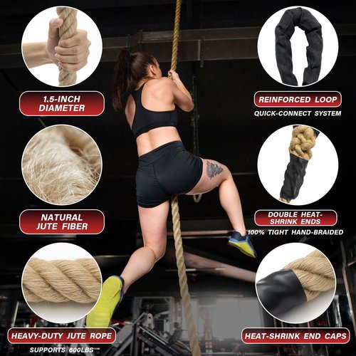 Climbing Rope Gym Workout - 10FT Heavy Duty Jute Thick Ropes for Adults Strength Training Outdoor Tree Swing Indoor Home Fitness Exercise - 1.5 Inch