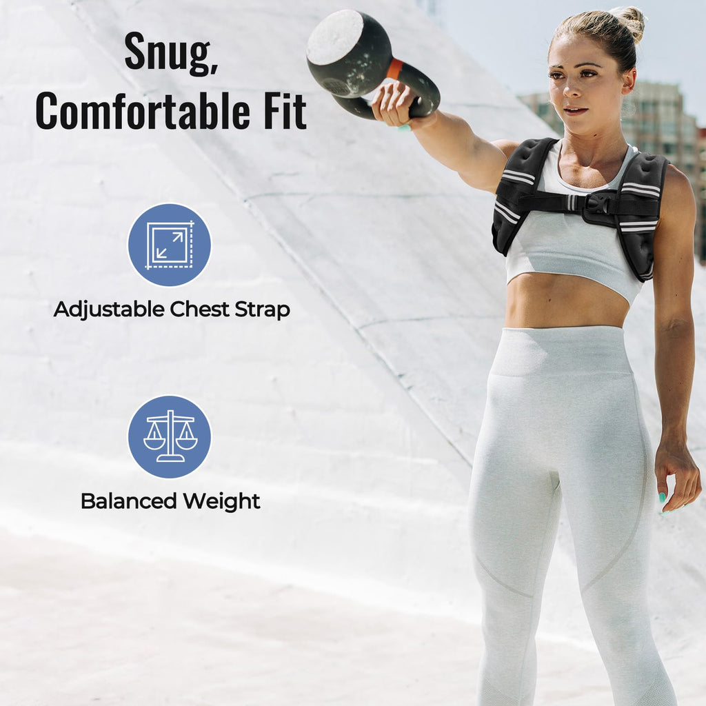Zeerun Weighted Vest, 6lb/8lb/10lb/12lb/15lb/18lb/20lb/24lb/30lb for Men Women, Reflective Stripe Adjustable Buckle, Comfortable Durable Rucking Vest for Walking Running Strength Training, 15LBS-Black