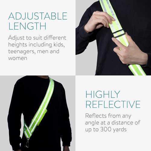 Navaris Reflective Sash - Nighttime Safety Gear for Walking, Cycling, Running - Yellow with Pocket & Carabiner Clip