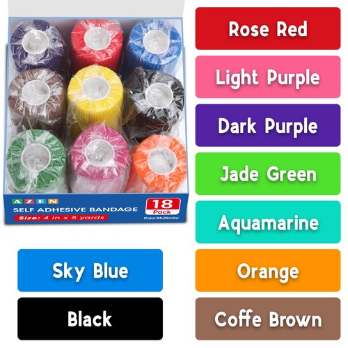 AZEN 18 Pack Self Adhesive Bandage Wrap, 4" X 5 Yards Elastic Cohesive Bandage Wrap, Color Athletic Tape, Tattoo Grip Tape Wra, Ankle Tape, Vet Wrap