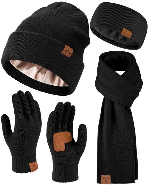 Womens Winter Warm Beanie Hats Gloves Scarf Headband Set for Women Soft Fleece Lined Ear Warmer Knit Scarf Touch Screen Gloves 4 Set Winter Gifts