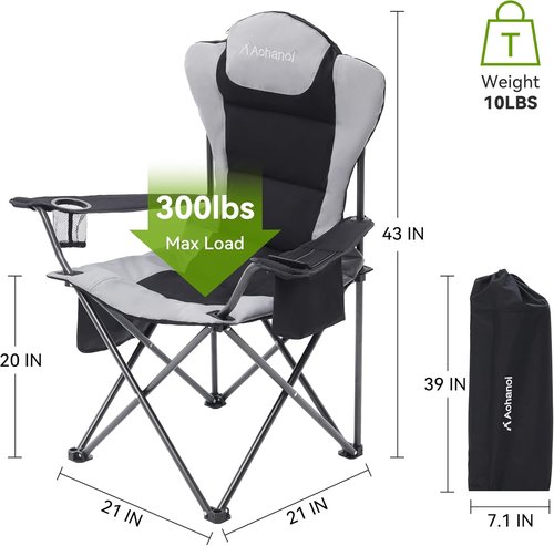 Aohanoi Camp Chairs for Heavy People - Outdoor Folding Chairs with Cup Holder & Cooler Bag | Supports Up to 300lbs (2 Pack, Black)