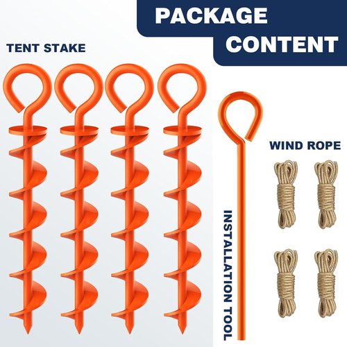Eurmax USA Canopy Tent Stakes - Durable Corkscrew Shape Steel with Installation Tool & 4 Wind Ropes | Set of 4 (Orange)