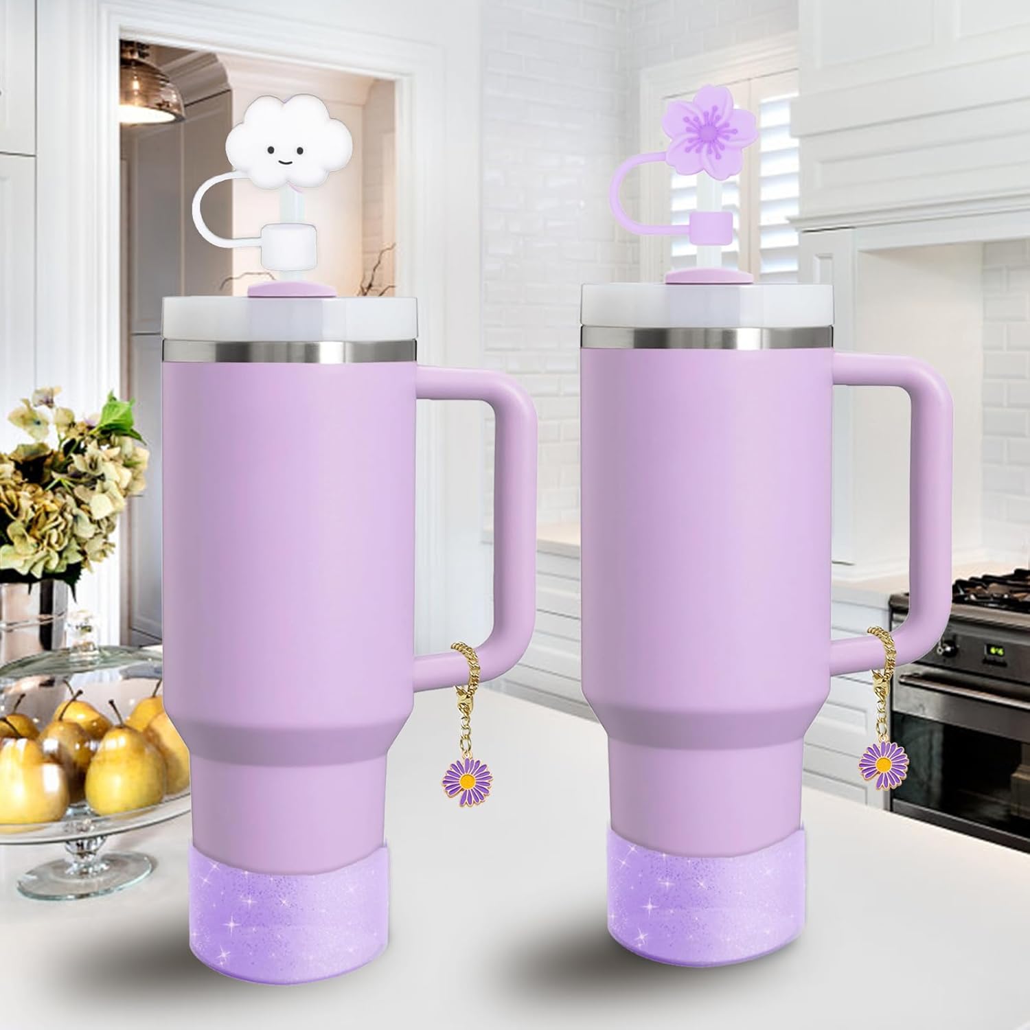 Stanley Cup Accessories Set - 2 Straw Covers, 1 Spill-Proof Stopper & 1 Flower Handle Charm - Purple