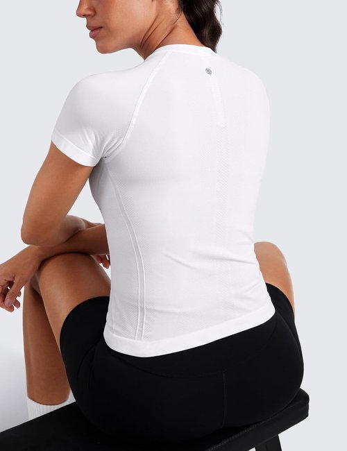 CRZ YOGA Seamless Workout Tops for Women - Breathable Short Sleeve Gym & Yoga Shirts, Waist Length