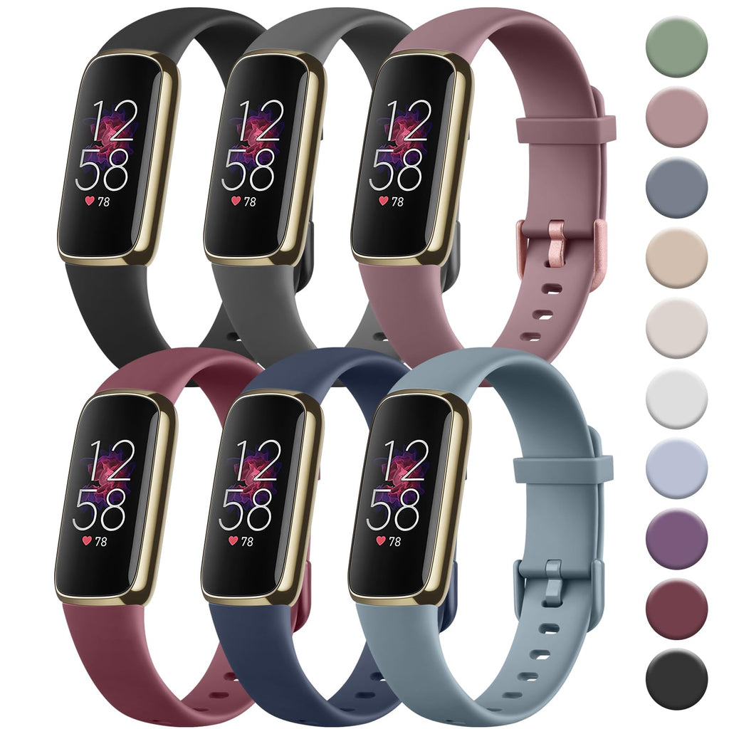 Tobfit 6 Pack Sport Bands, Compatible with Fitbit Luxe Bands for Women Men, Soft Silicone Waterproof Straps Replacement Wristbands, Small, Black/Dark Grey/Dark Blue