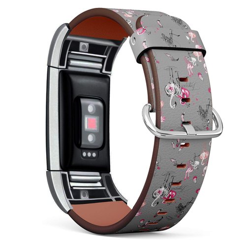 Compatible with Fitbit Charge 2 - Leather Wristband Bracelet Replacement Accessory Band (Includes Adapters) - Pink Flamingo Birds