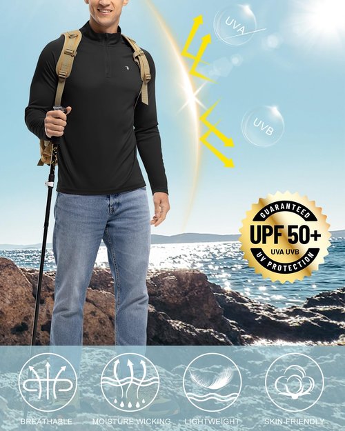 BGOWATU Men's Long Sleeve Hiking Shirt - UPF 50+ Quick Dry Quarter Zip Pullover Rash Guard