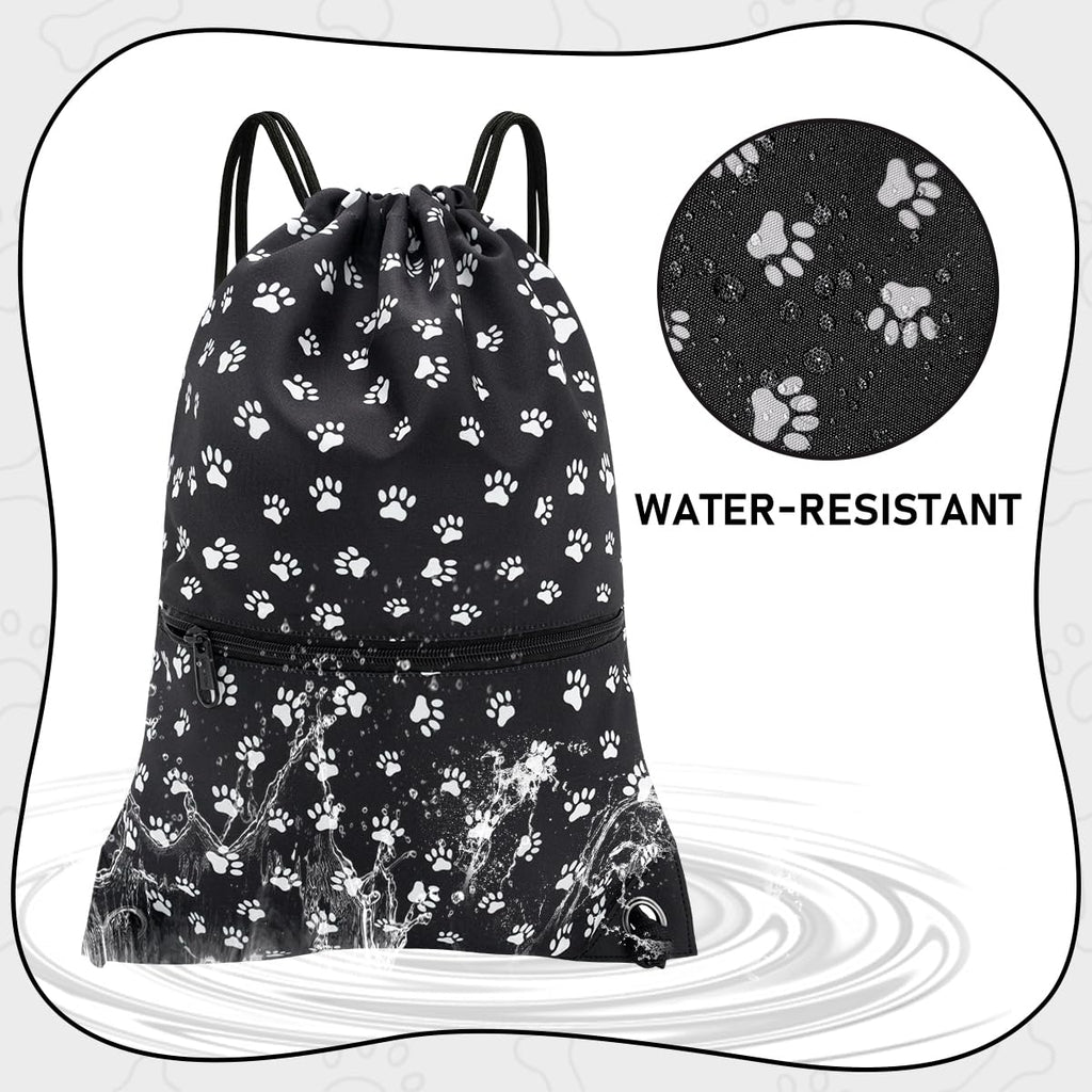 HOLYLUCK Drawstring Backpack Bag Sport Gym Sackpack (Black background white Dog Paw Prin)