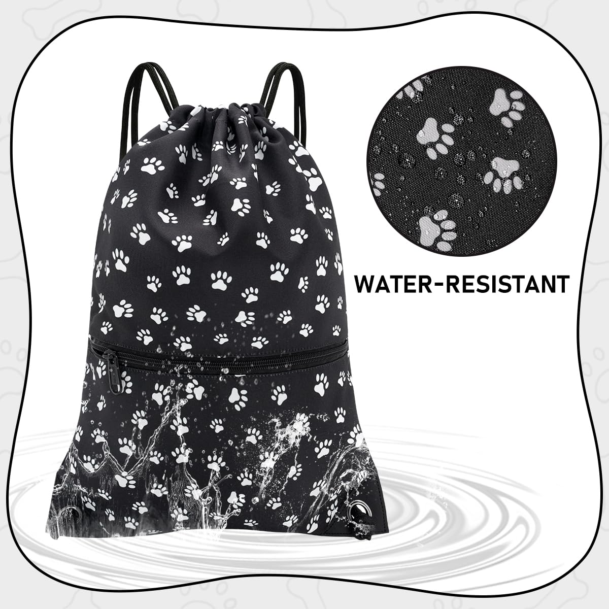 HOLYLUCK Drawstring Backpack Bag Sport Gym Sackpack (Black background white Dog Paw Prin)