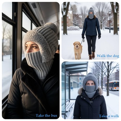 3-in-1 Women’s Winter Beanie Hat & Gloves Set, Knitted Beanie with Scarf Mask, Warm Fleece-Lined Ski Hat with Touchscreen Gloves Grey