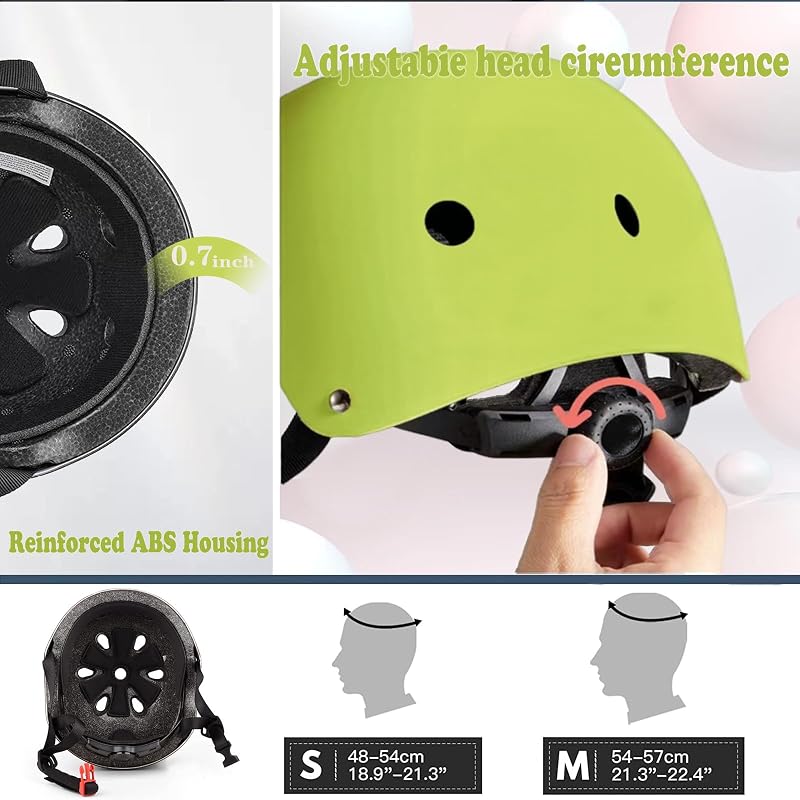 Kids Adjustable Helmet with Knee Elbow Pads & Wrist Guards - Green, Medium (20.47"-22.83" head) for Ages 8-14 - FOOKCIAN