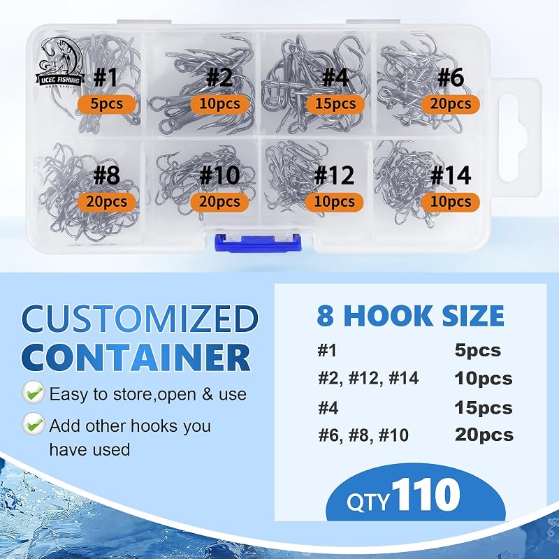 Treble Fishing Hooks Set 110pcs 8 Sizes Assorted for Saltwater & Freshwater Angling