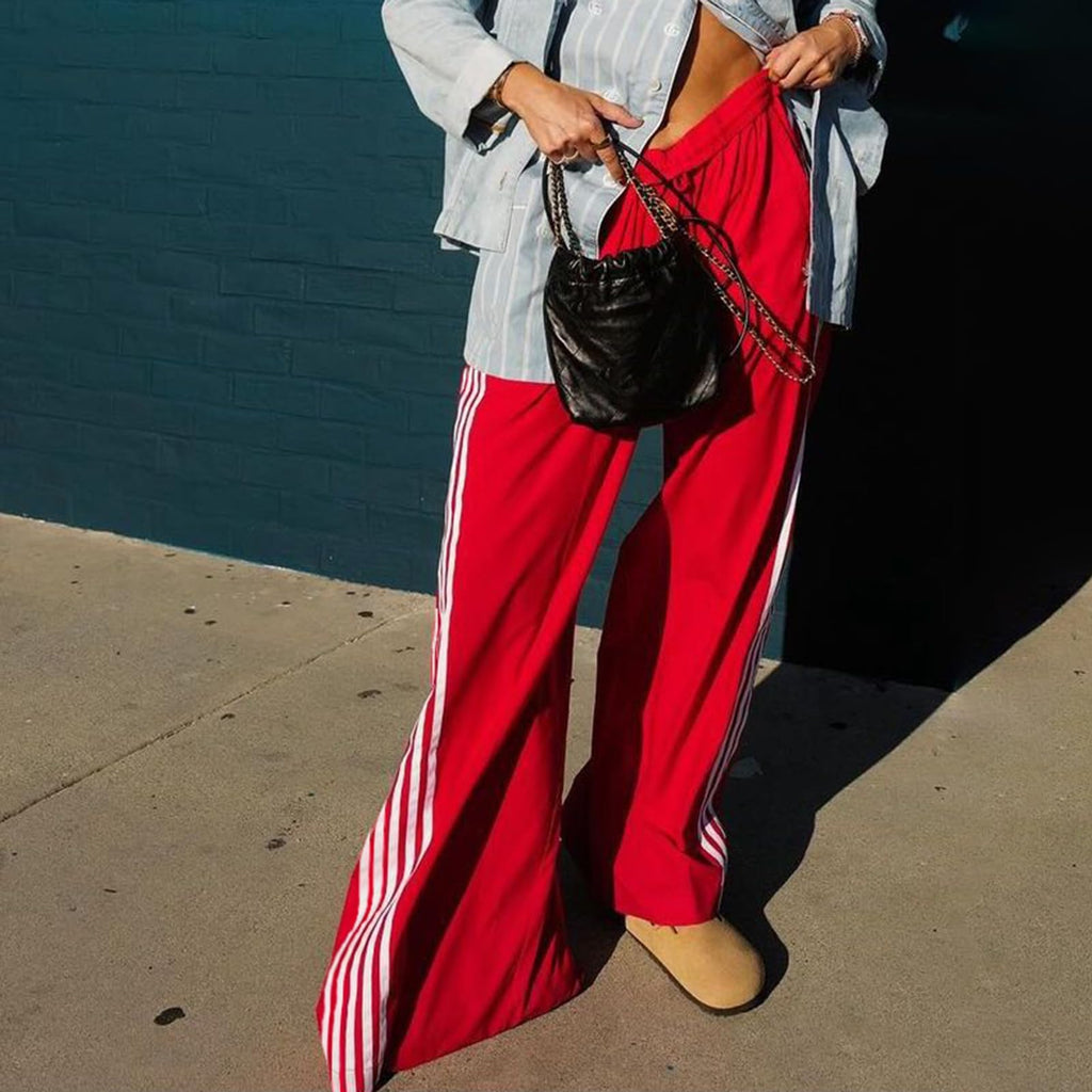 Women Side Striped Track Pants Y2k Drawstring Waist Wide Leg Cargo Sweatpants Casual Loose Jogger Lounge Pants(Basic Red,Large)