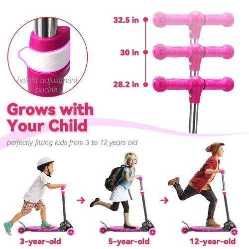 3 Wheel Scooter for Kids Age 3-12, Kid Scooters with Extra-Wide Deck, Lean to Steer Height Adjustable Handlebar, Light Up Wheels, Stable Smooth Riding Child Kick Scooter Hold 165 lbs, Girl Gift