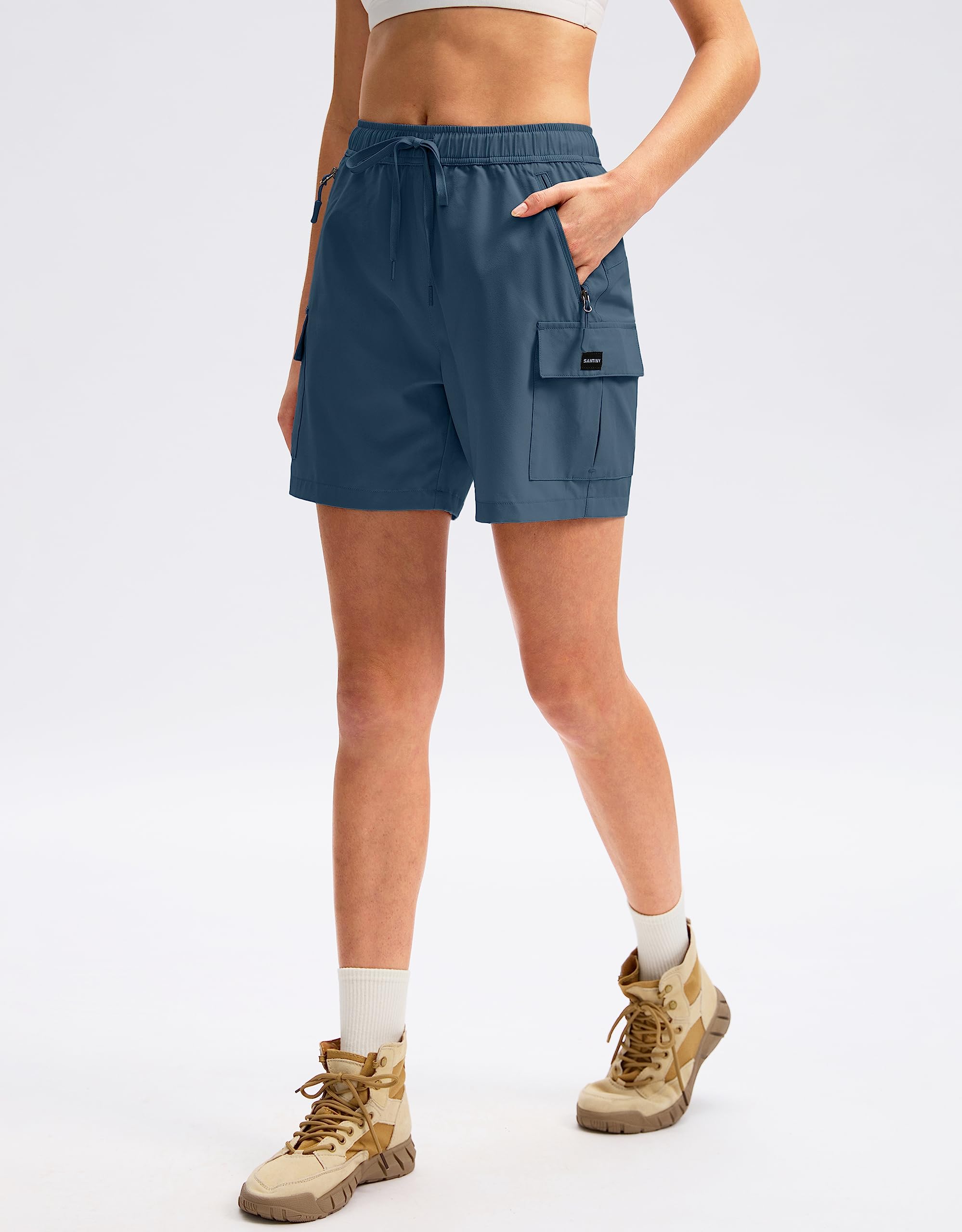 SANTINY Women's 5''/ 7''/9'' Hiking Cargo Shorts Quick Dry Lightweight Summer Shorts for Women Athletic Golf Zipper Pockets(Dusty Blue_XS)
