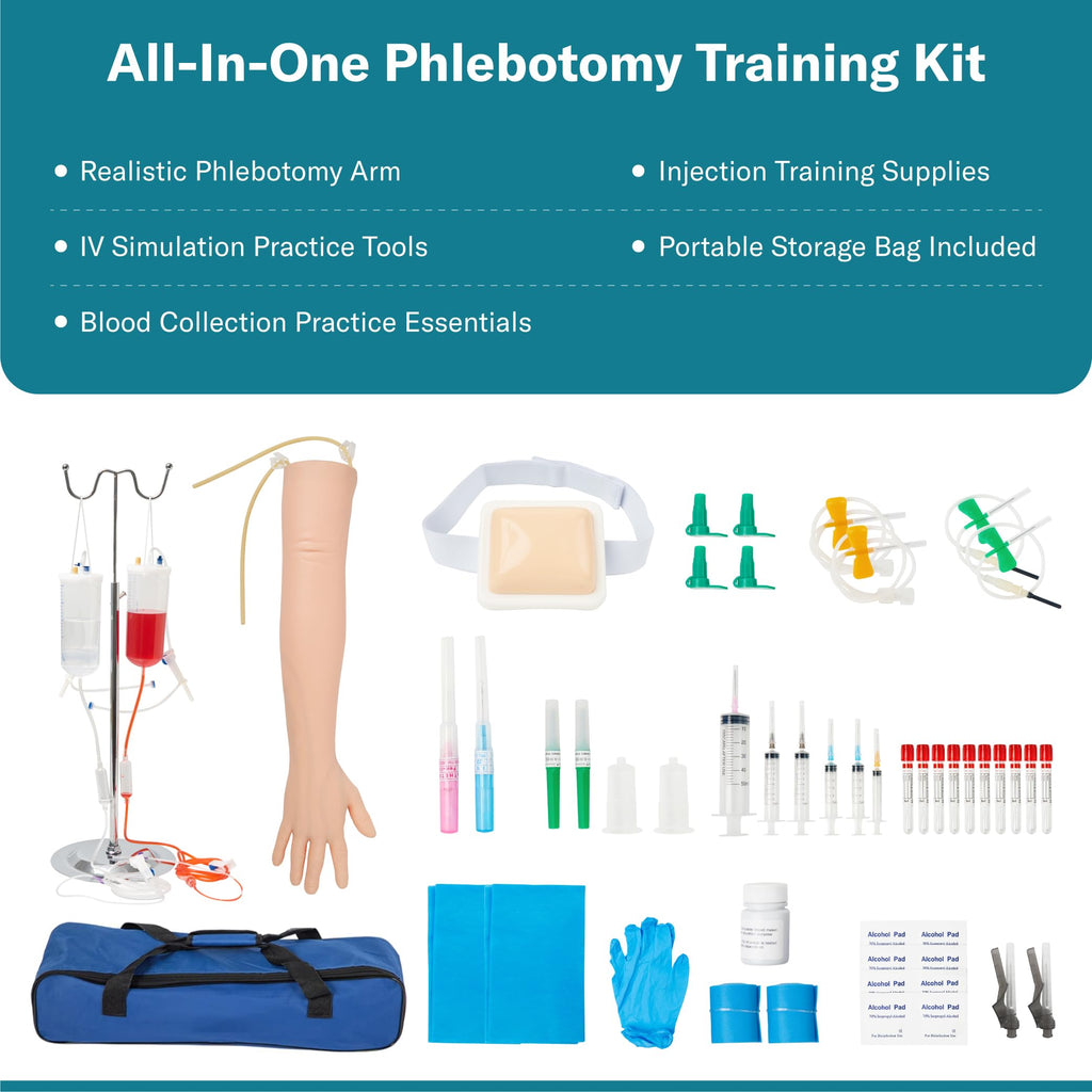 Alcedo Phlebotomy Practice Kit, Complete Venipuncture and Injection IV Practice Essentials, Realistic Training Arm with Stand & Carry Bag, Light Skin, for Medical Students & Educational Use Only
