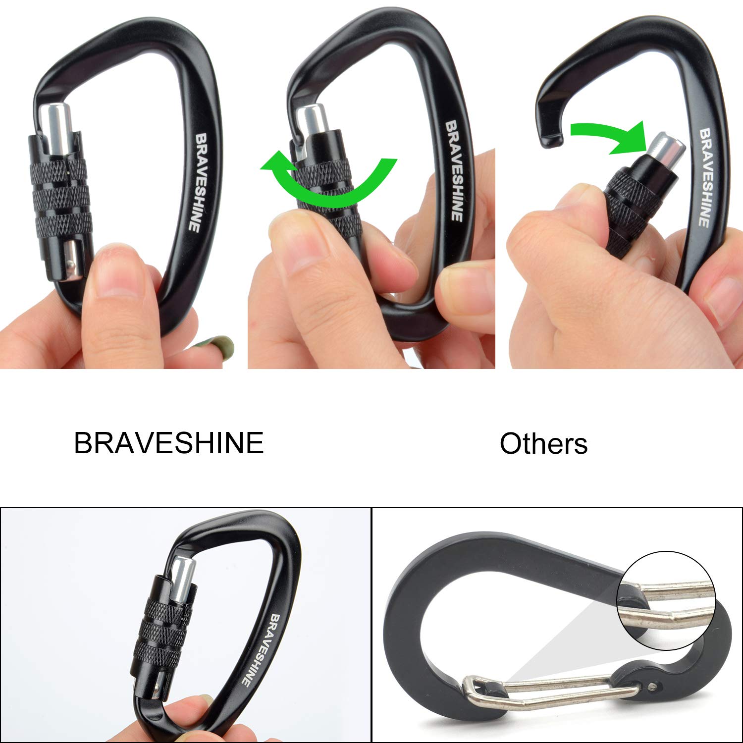 Heavy Duty Carabiner Clips 12KN Aluminum D Ring Double Locking Caribeaner Hooks