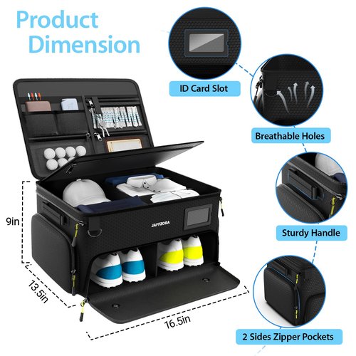 Jaffzora 4-Layer Golf Trunk Organizer, Golfer Gifts for Men Women with Separate Ventilated Compartment for 2 Pairs Shoes, Waterproof Car Golf Locker Storage Bag for Golf Gear and Accessories,Black