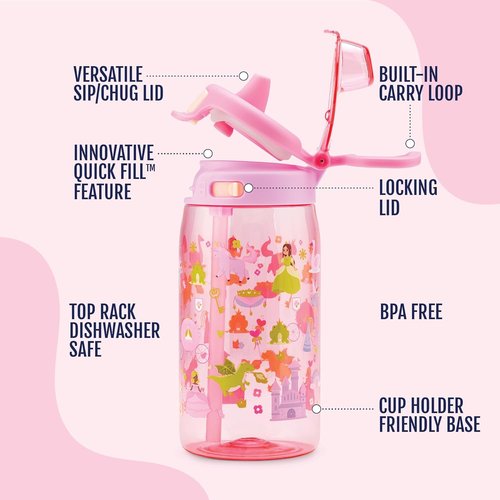 Ello Kids Water Bottle - 16oz Tritan Plastic with Quick Fill Technology | Leak-Proof, BPA Free, Royal Palace