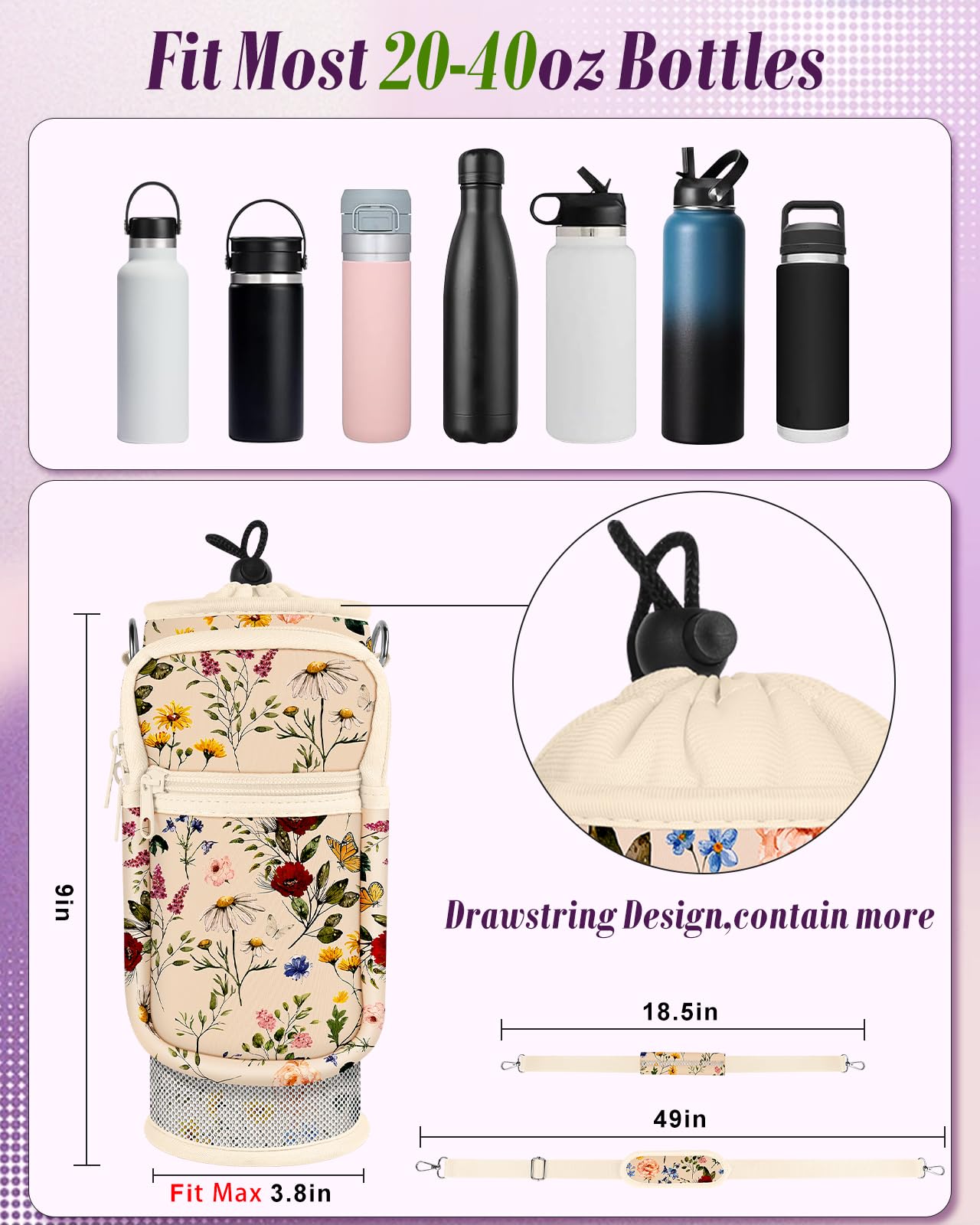 Toykee Water Bottle Bag Holder Carrier With Strap - Beige Flower Floral Crossbody With Phone Pocket Neoprene Shoulder