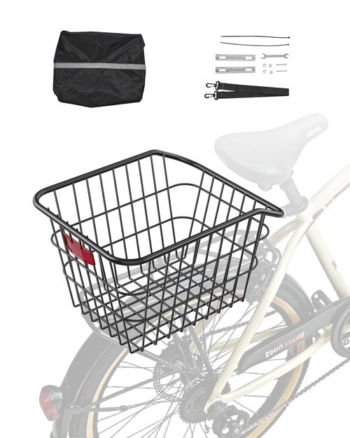 VEVOR Rear Bike Basket, Metal Wire Bicycle Basket with Reflective Tail Light & Waterproof Cover, Durable Bike Back Basket, Fits to Most Rear Bike Racks
