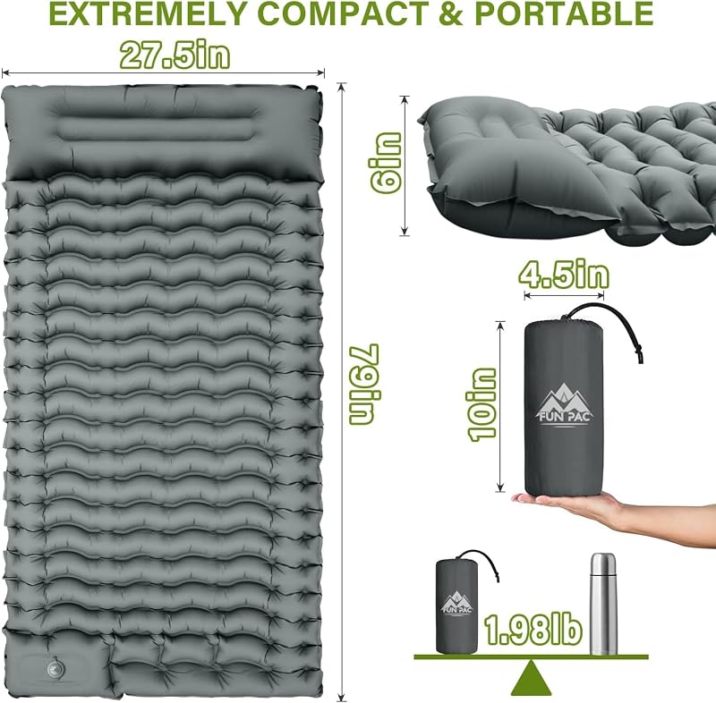 Ultralight Inflatable Sleeping Pad with Built-In Pillow, 78x27x3 in – Ultralight Camp Pad, Grey (Variation: Grey)