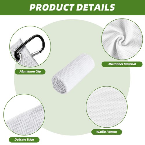 Mile High Life Microfiber Towel 3 Pack, 16" X 16", Waffle Pattern Design with Carabiner Clip, Super Absorbent, Small Towels, Golf Bag Accessories for Men and Women, Gift (White)