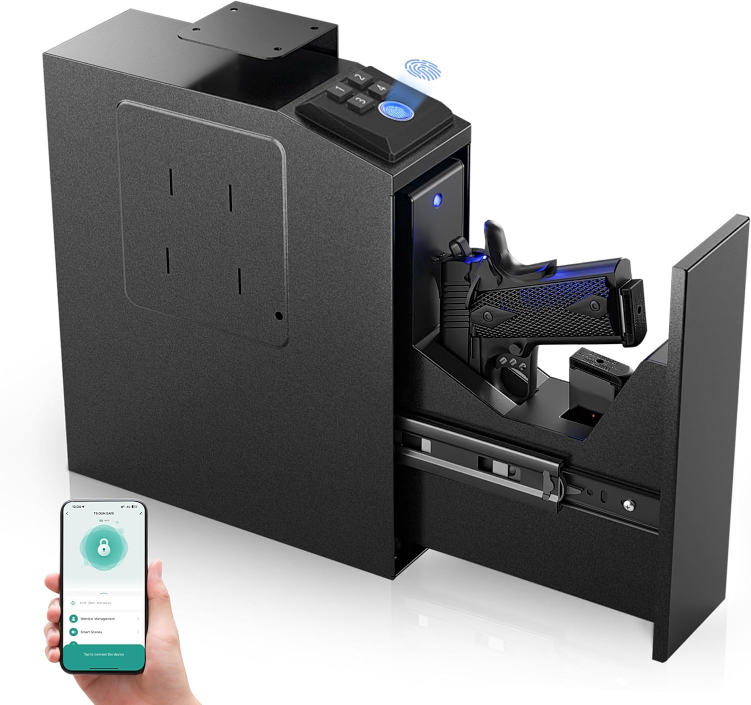 ORARAER Biometric Gun Safe - 4 Ways to Unlock with Fingerprint, Key & PIN Code | Compact Nightstand Pistol Lock Box