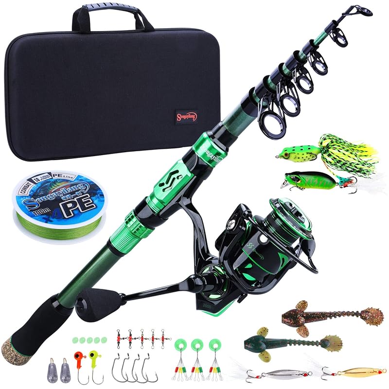 Sougayilang 12+1 BB Telescopic Fishing Rod & Spinning Reel Combo with Carry Case, 5.91 ft, Green (Variation: green+5.91 ft - 2000)