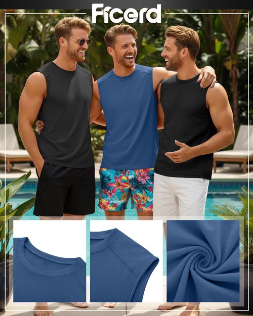 Ficerd 3 Pack Men's Sleeveless Tank Tops, Crewneck Casual Summer Tee Beach T Shirt Workout Run Gym Muscle Shirt(Black, Dark Gray, Denim Blue,X-Large)