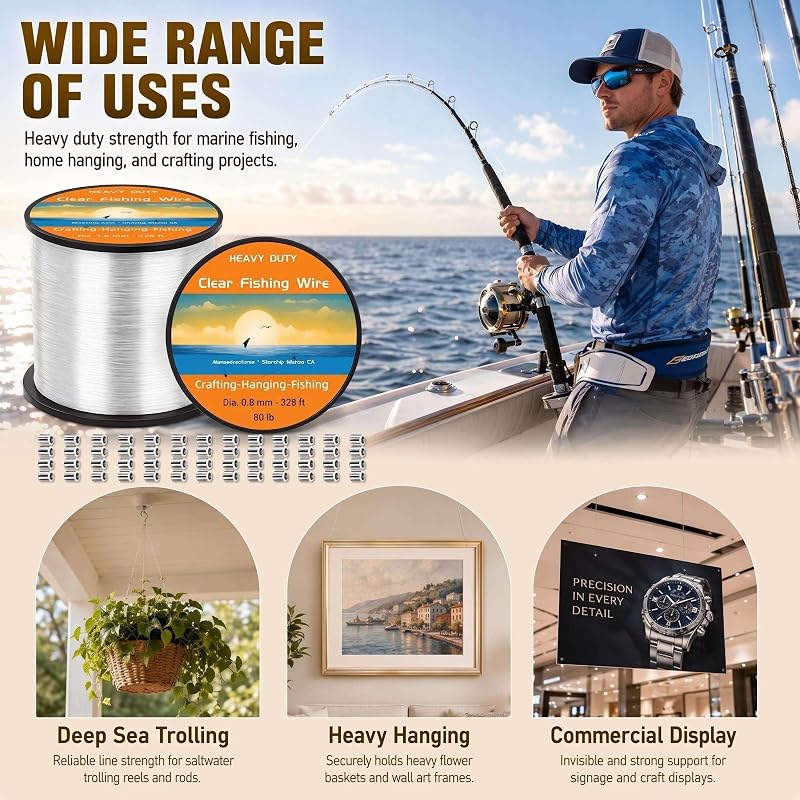 0.8 mm Clear Fishing Line 656 ft – Heavy-Duty Nylon Monofilament with 100 Crimp Sleeves