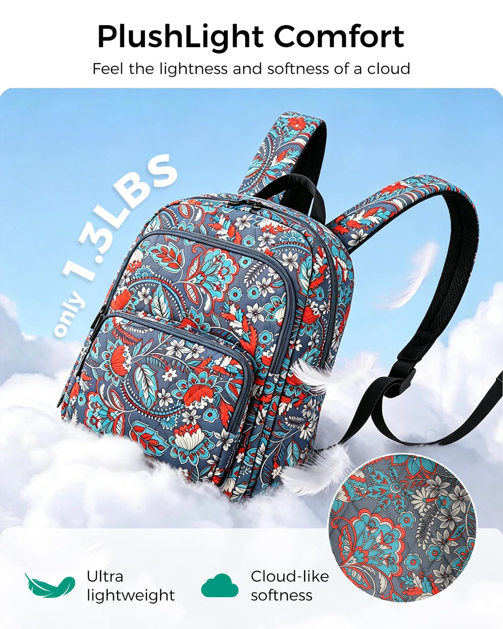 Searock Quilted Backpack for Women, Floral Backpack for Girls, Cotton Lightweight Bookbag for Travel, Work Black