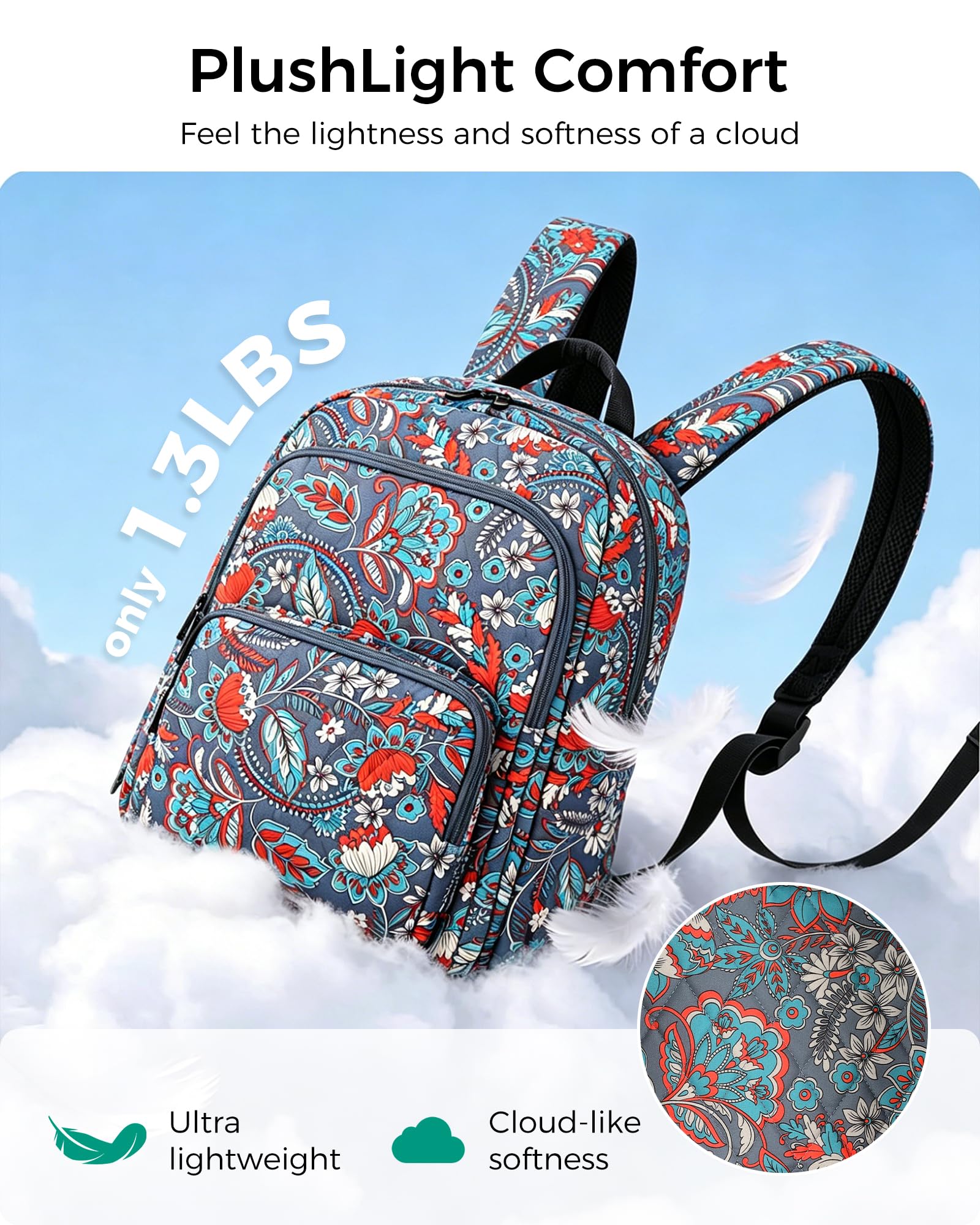 Searock Quilted Backpack for Women, Floral Backpack for Girls, Cotton Lightweight Bookbag for Travel, Work Black