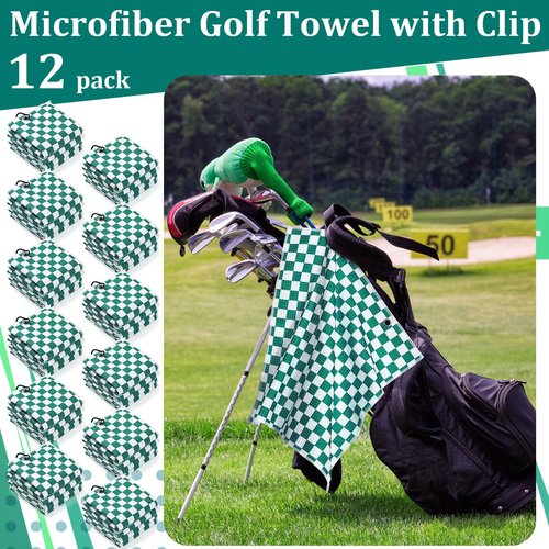 SmoothNovelty 12 Pcs Golf Towels Bulk for Bags Microfiber Waffle Pattern Golf Towel with Clip 16'' x 16'', Ultra Absorbent Quick-Dry, Mini Tournament Yoga Fitness Men's Gifts(Emerald Green)