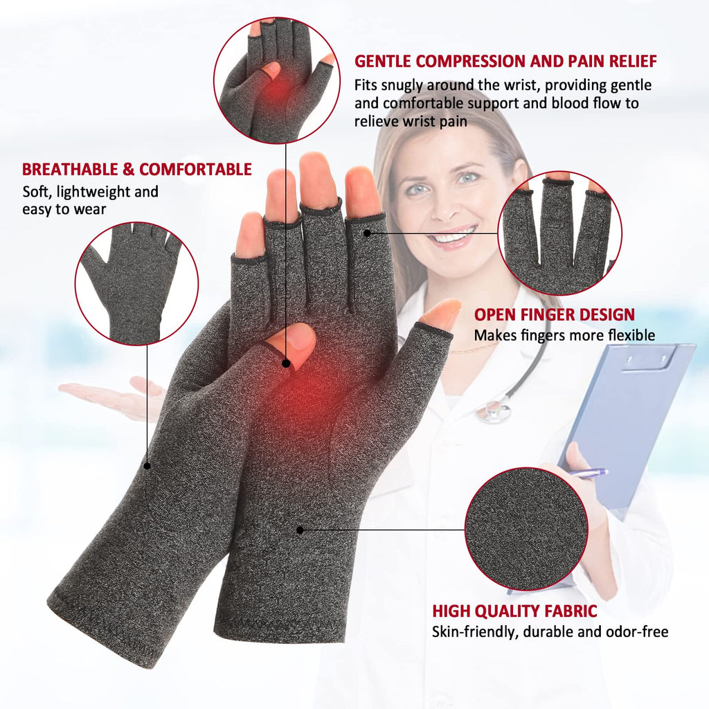 Zexhoor 2 Pairs Arthritis Compression Gloves for Women Men, Carpal Tunnel Pain Relief, Fingerless for Typing Both Hands