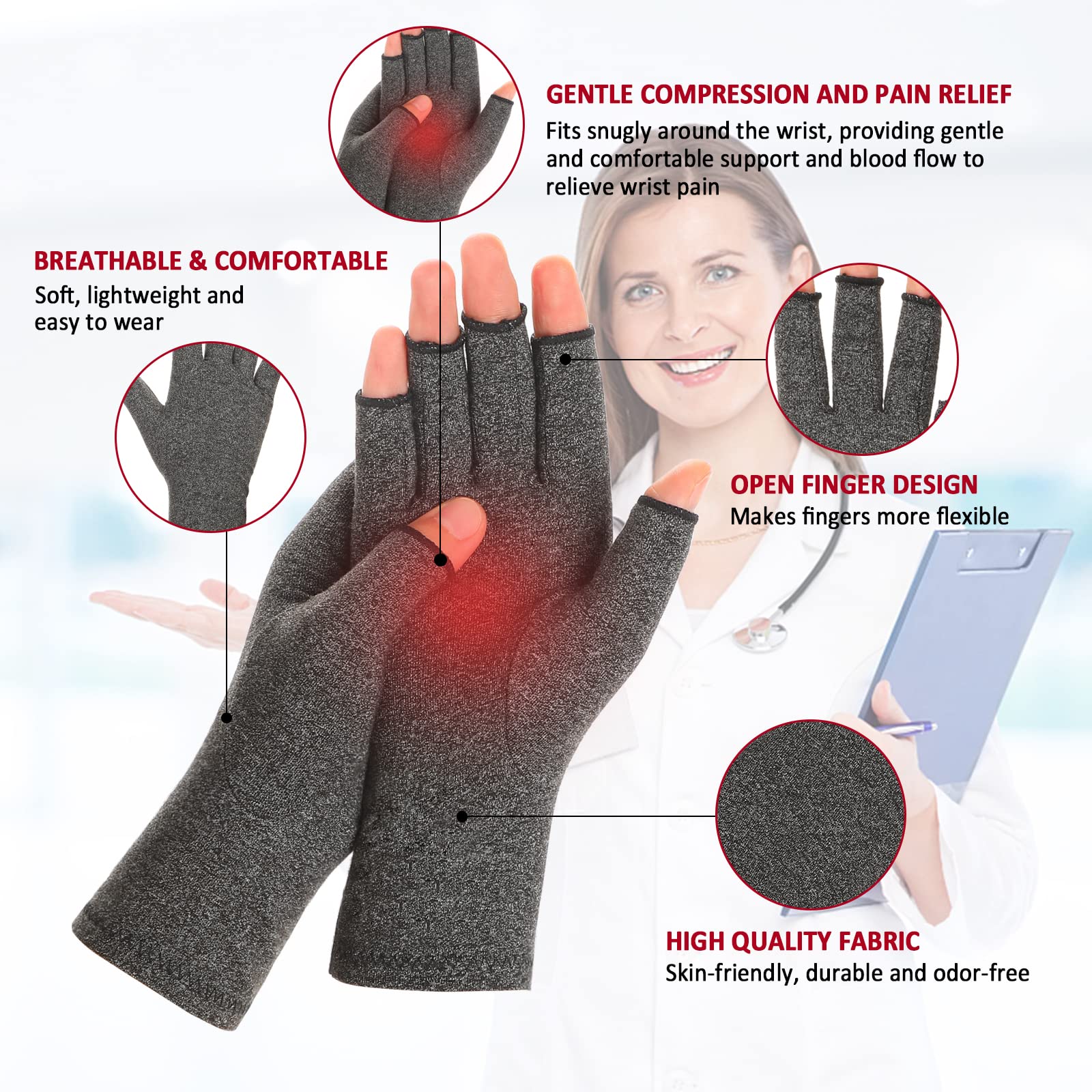 Zexhoor 2 Pairs Arthritis Compression Gloves for Women Men, Carpal Tunnel Pain Relief, Fingerless for Typing Both Hands