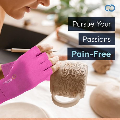 Copper Compression Arthritis Gloves - Fingerless Pain Relief for Carpal Tunnel | Hand Support for Neuropathy & Tendonitis, Size Pink S