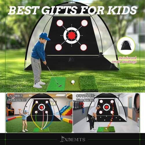 EXOEMTS Golf Net 10x7FT with Tri-Turf Mat, Ball, Target & Bag, All-in-One Golf Practice Hitting Net for Backyard Driving, Chipping & Swing, Indoor Outdoor Training Aid, Gift for Men Dad Him Golfer